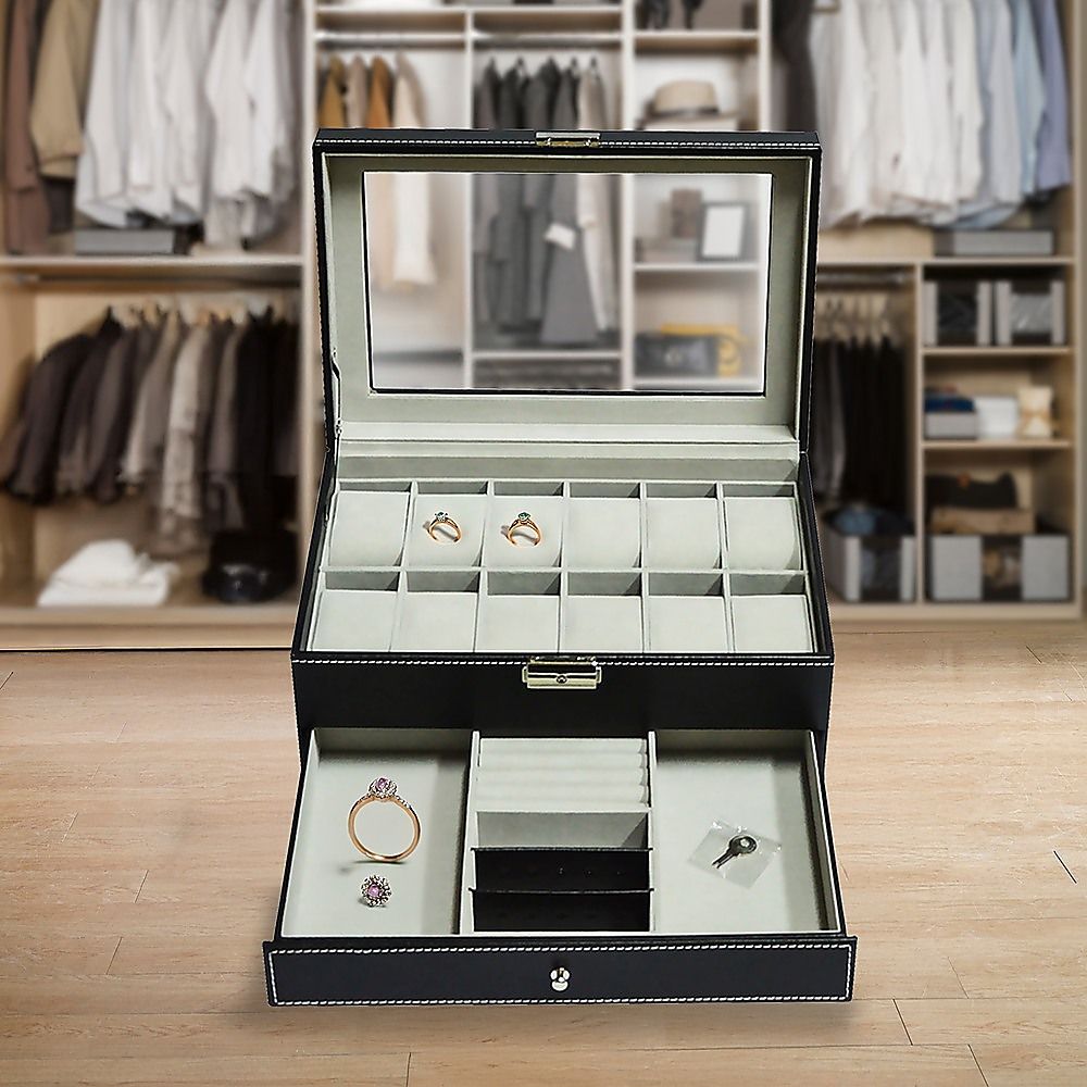 Watch Display Case with Lock Key - 12 Grids Leather Jewelry Storage Box Organizer