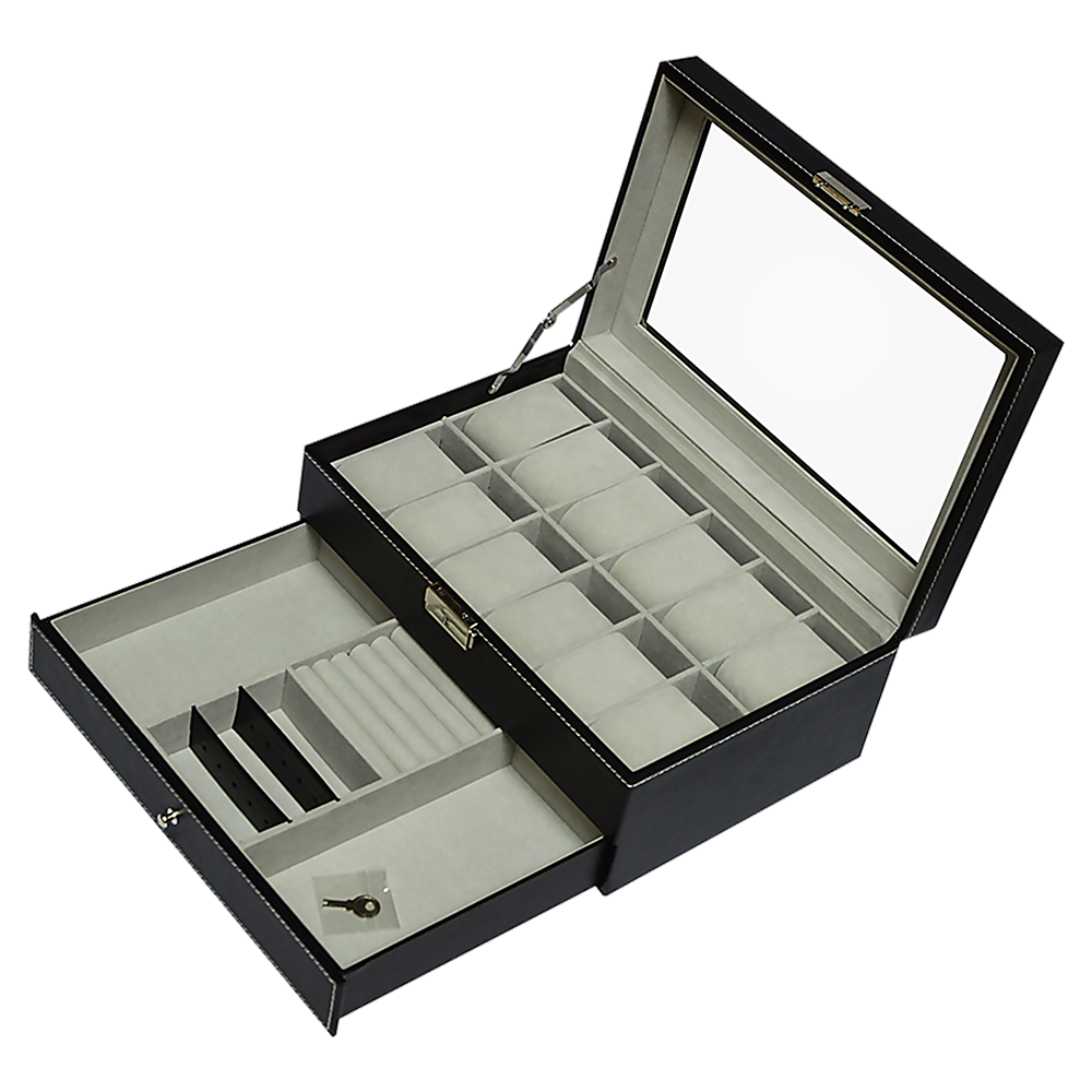 Watch Display Case with Lock Key - 12 Grids Leather Jewelry Storage Box Organizer