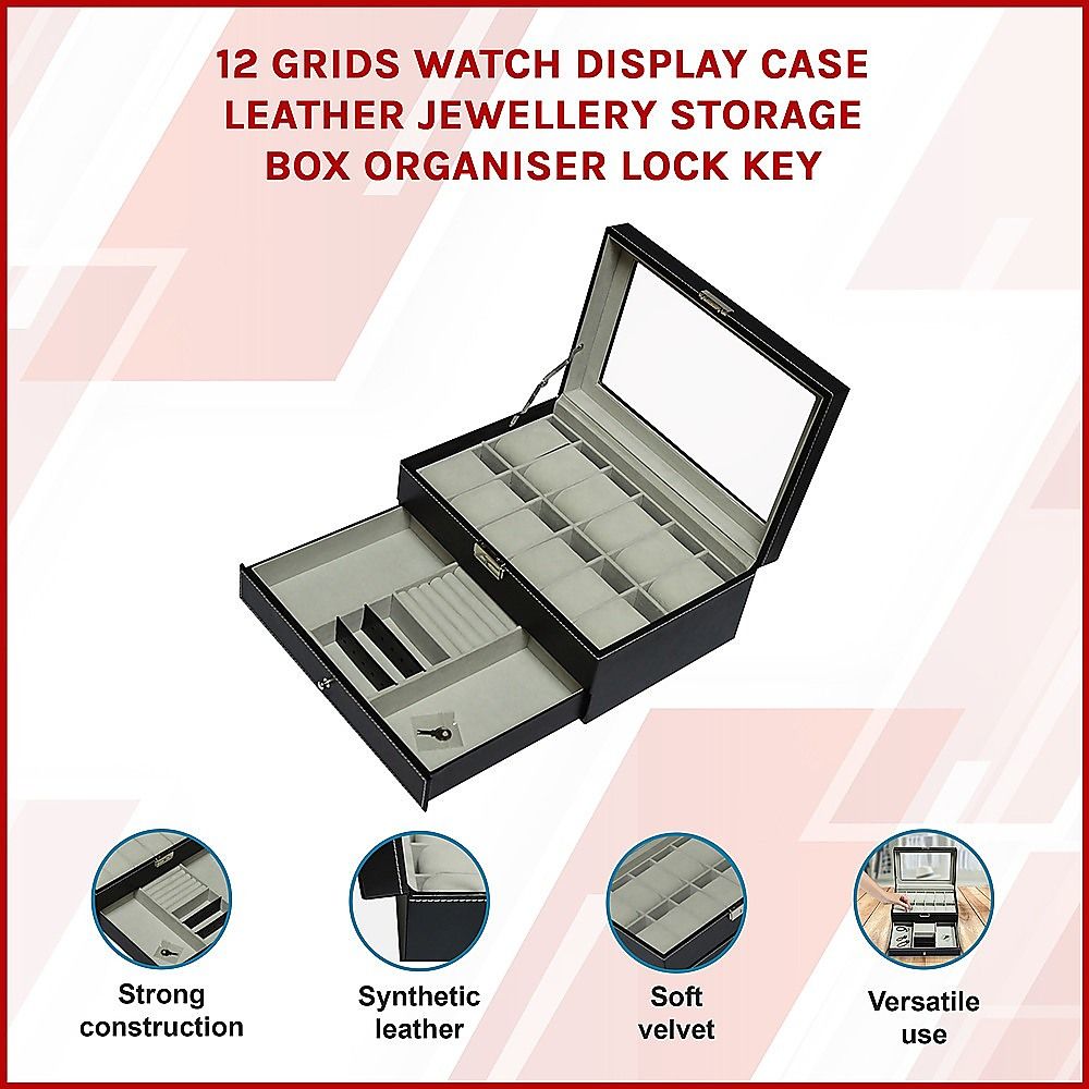 Watch Display Case with Lock Key - 12 Grids Leather Jewelry Storage Box Organizer