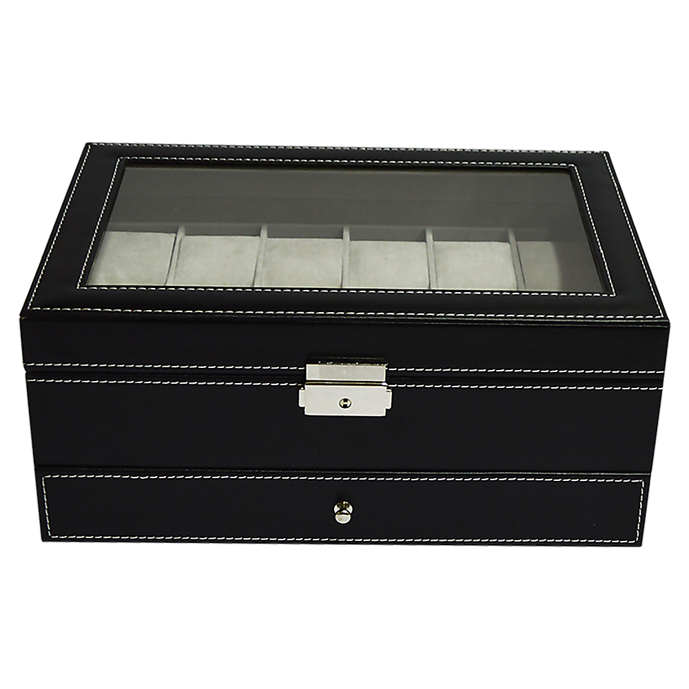 Watch Display Case with Lock Key - 12 Grids Leather Jewelry Storage Box Organizer