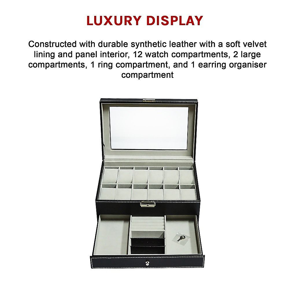 Watch Display Case with Lock Key - 12 Grids Leather Jewelry Storage Box Organizer