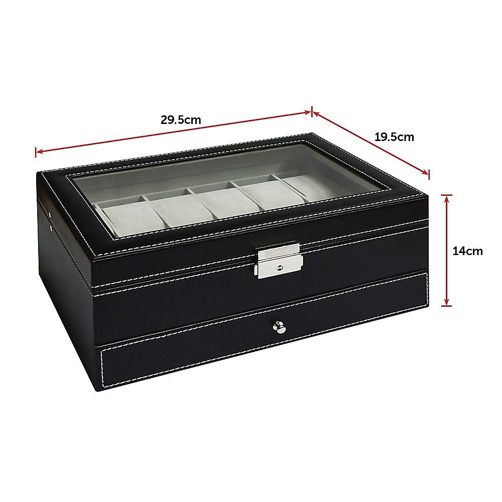 Watch Display Case with Lock Key - 12 Grids Leather Jewelry Storage Box Organizer
