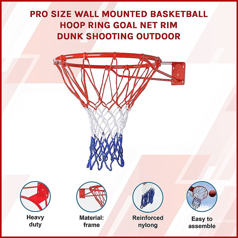 Wall Mounted Basketball Hoop Pro Size with Ring, Goal Net, Rim for Outdoor Dunking