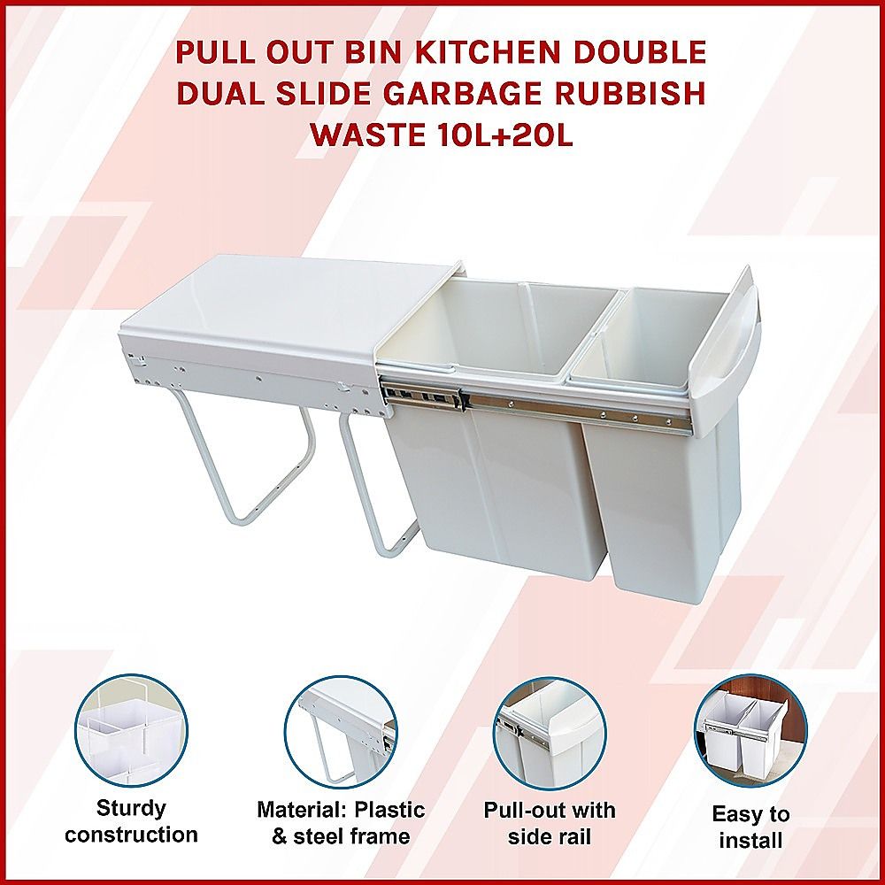 Kitchen Pull Out Bin Double Slide Garbage Rubbish Waste 10L + 20L