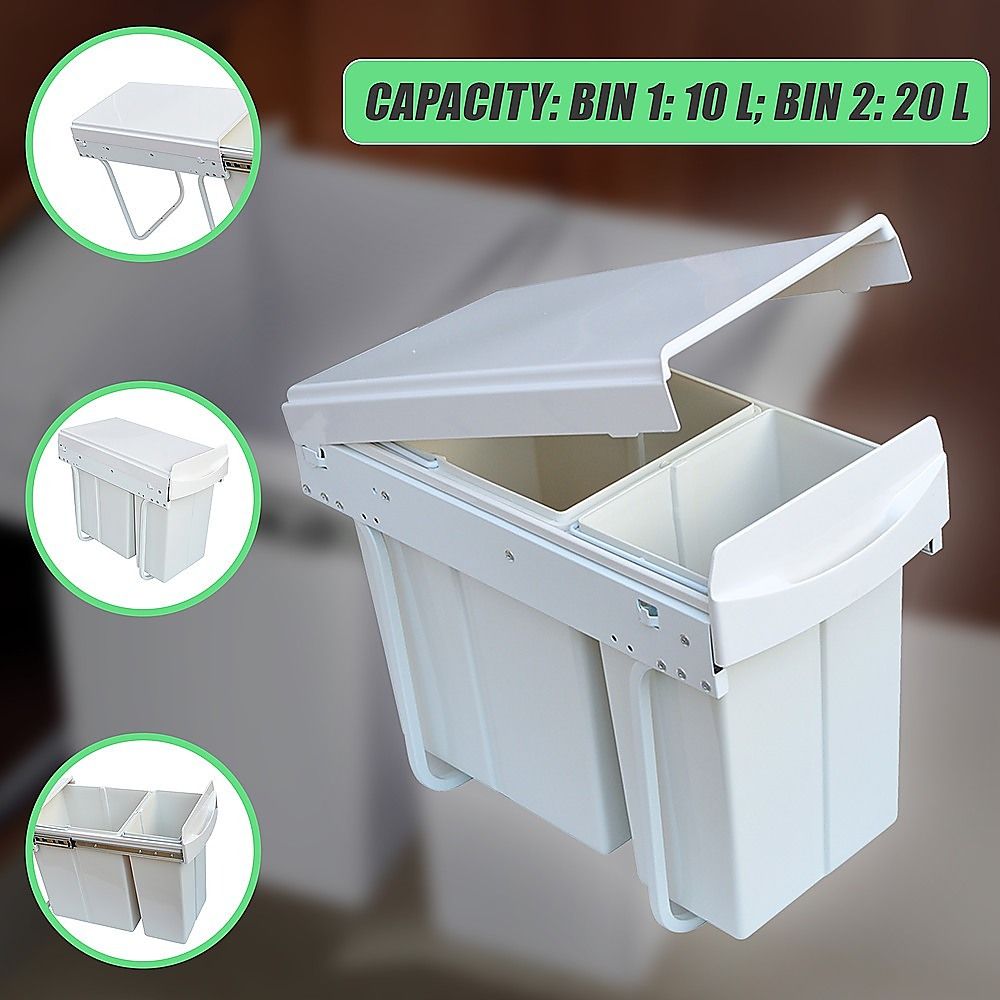 Kitchen Pull Out Bin Double Slide Garbage Rubbish Waste 10L + 20L
