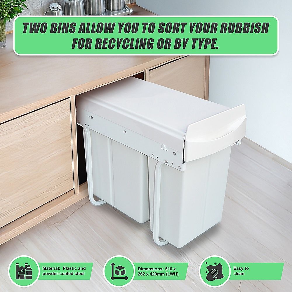 Kitchen Pull Out Bin Double Slide Garbage Rubbish Waste 10L + 20L