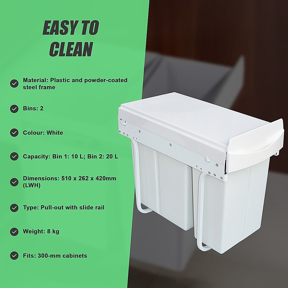 Kitchen Pull Out Bin Double Slide Garbage Rubbish Waste 10L + 20L