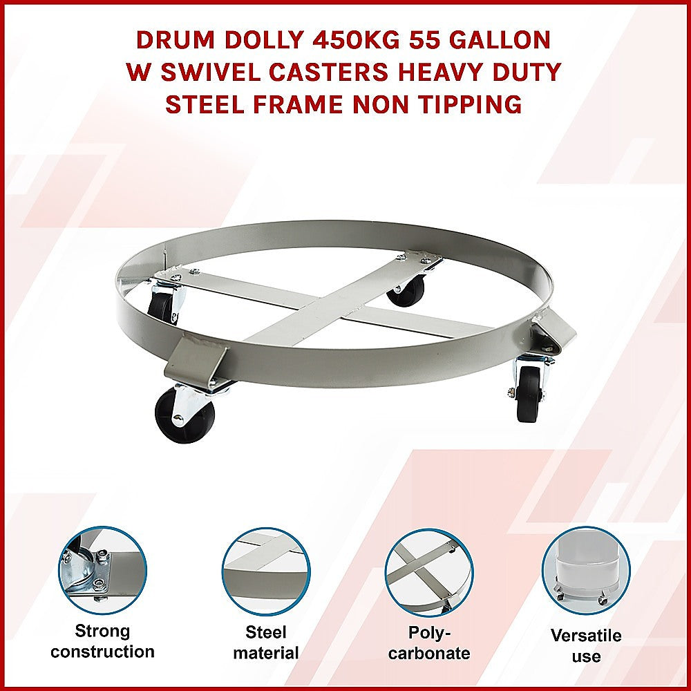 Drum Dolly 450kg 55 Gallon with Swivel Casters Heavy Duty Steel Frame Non-Tipping
