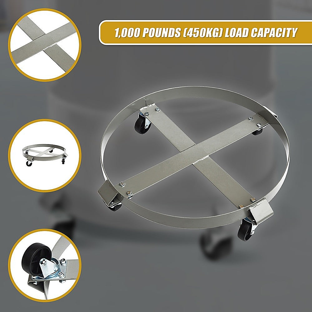 Drum Dolly 450kg 55 Gallon with Swivel Casters Heavy Duty Steel Frame Non-Tipping