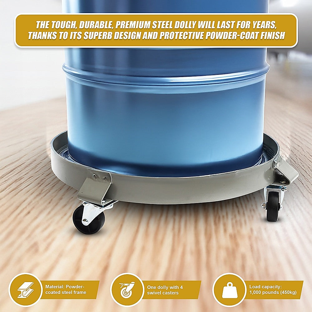 Drum Dolly 450kg 55 Gallon with Swivel Casters Heavy Duty Steel Frame Non-Tipping