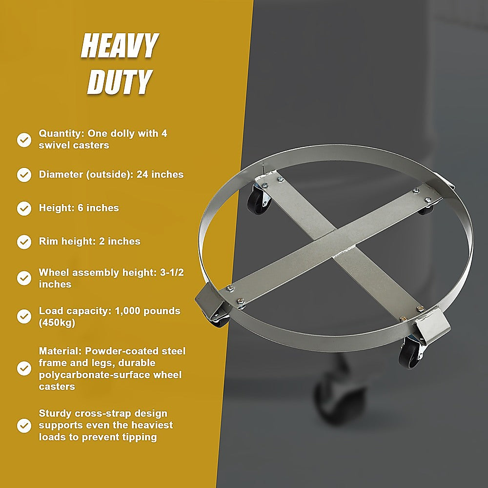 Drum Dolly 450kg 55 Gallon with Swivel Casters Heavy Duty Steel Frame Non-Tipping