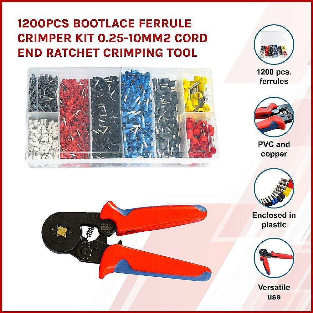 Bootlace Ferrule Crimper Kit 1200Pcs 0.25-10mm² Cord End Ratchet Crimping Tool