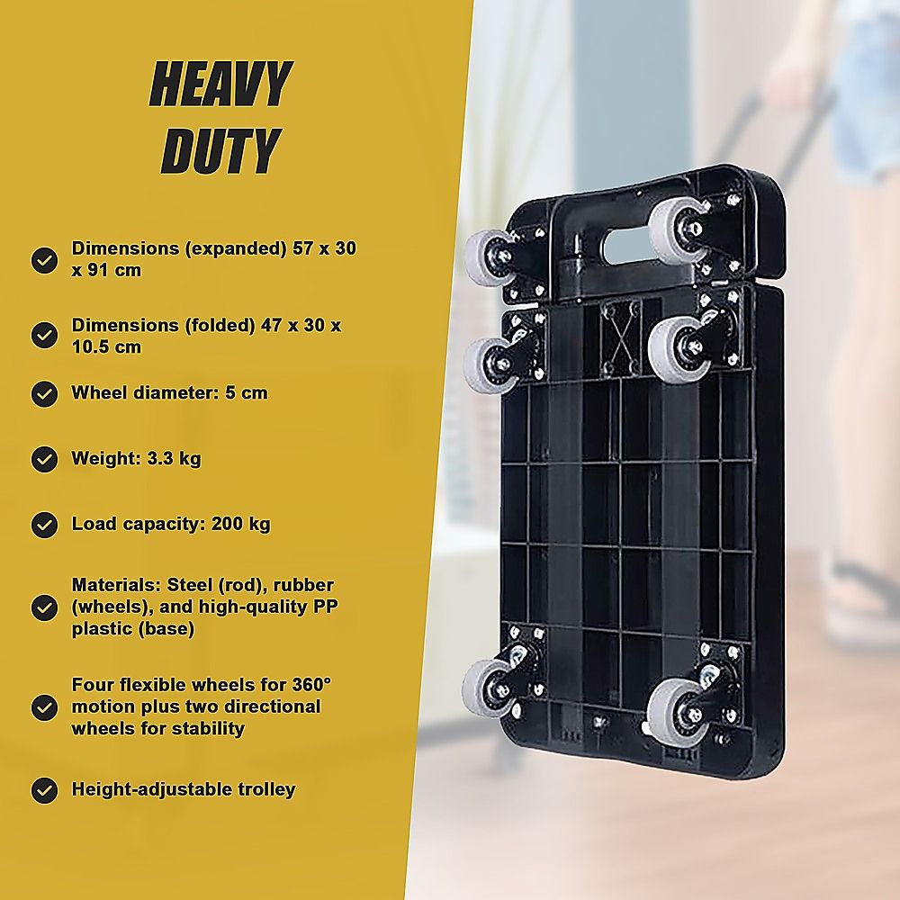 Hand Flatbed Trolley Cart Foldable with 6 x 360 Degree Rotating Wheels Load 200Kg