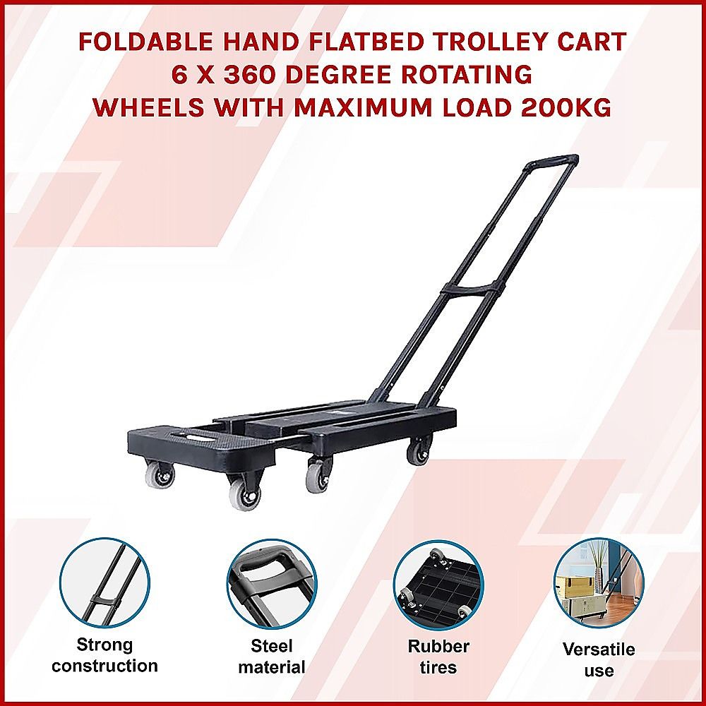 Hand Flatbed Trolley Cart Foldable with 6 x 360 Degree Rotating Wheels Load 200Kg