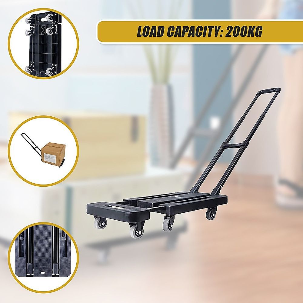 Hand Flatbed Trolley Cart Foldable with 6 x 360 Degree Rotating Wheels Load 200Kg