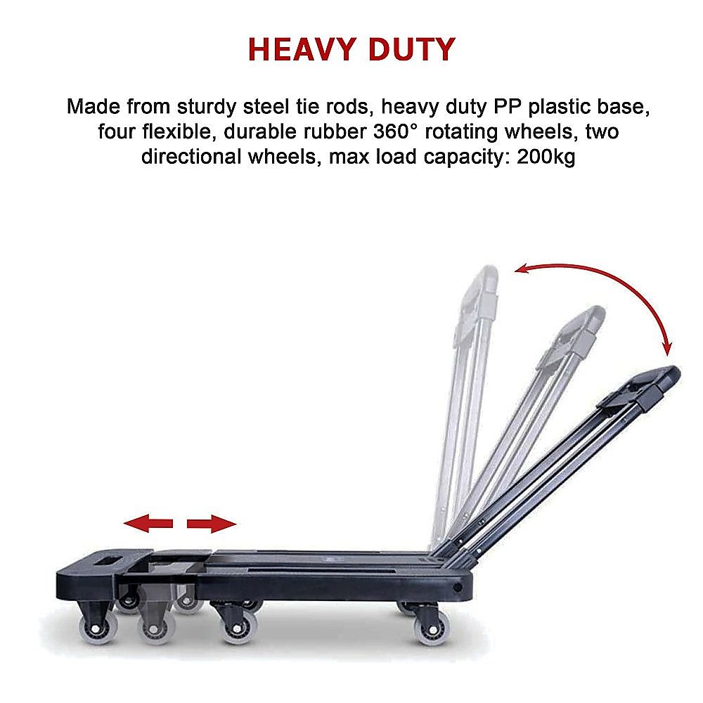 Hand Flatbed Trolley Cart Foldable with 6 x 360 Degree Rotating Wheels Load 200Kg