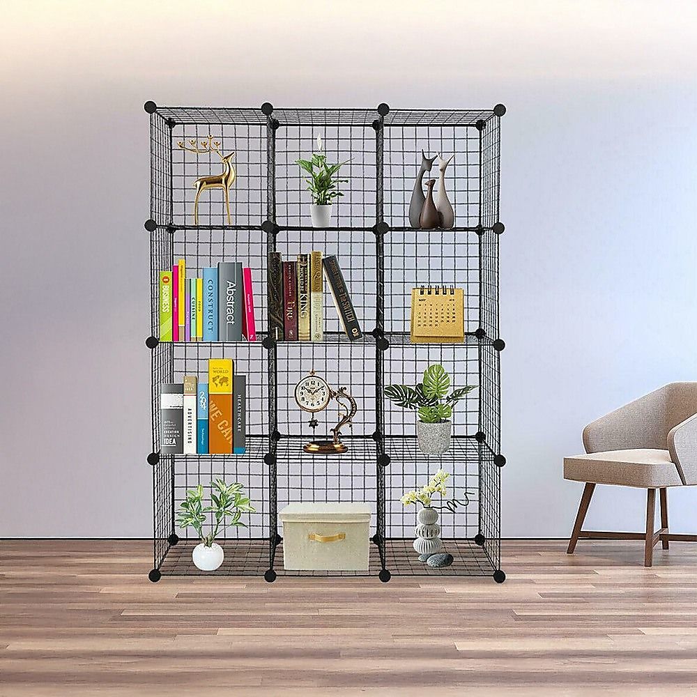 Cube Wire Grid Organizer Bookcase Storage Cabinet Wardrobe Closet 12 - Black