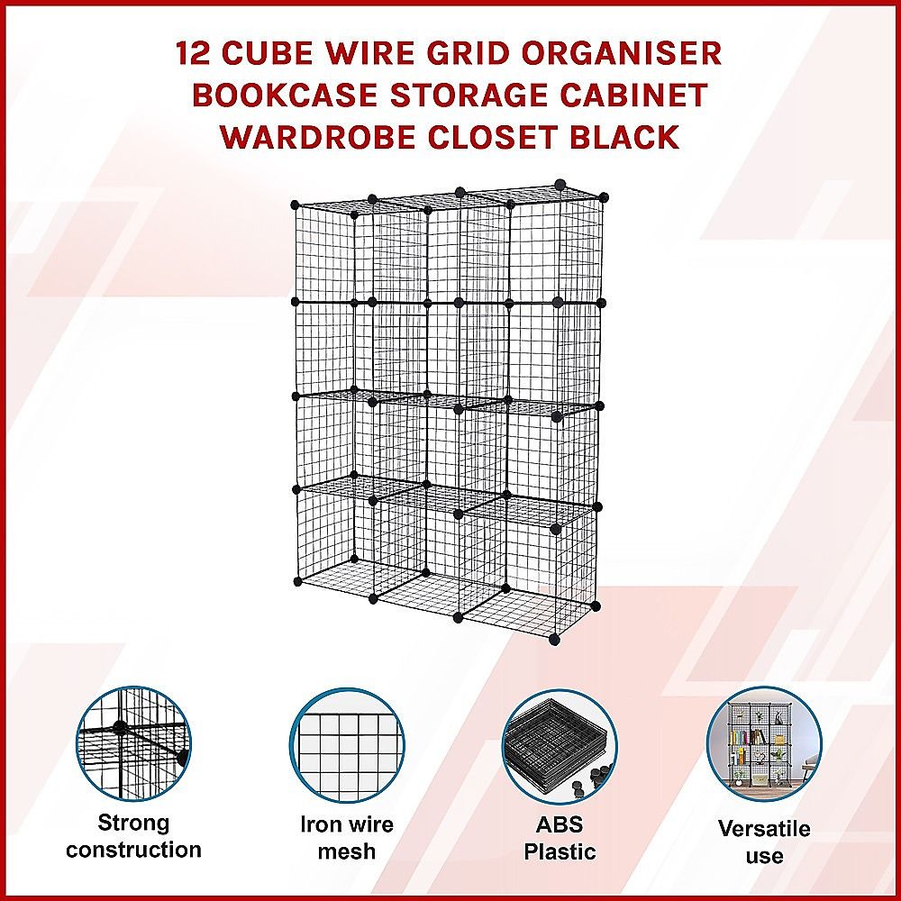Cube Wire Grid Organizer Bookcase Storage Cabinet Wardrobe Closet 12 - Black