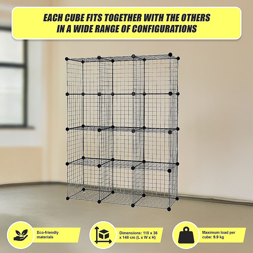 Cube Wire Grid Organizer Bookcase Storage Cabinet Wardrobe Closet 12 - Black