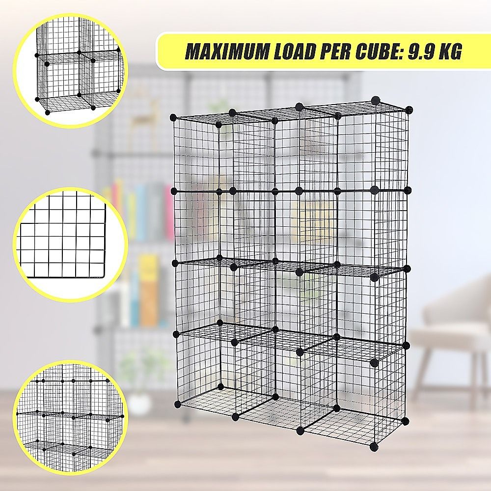 Cube Wire Grid Organizer Bookcase Storage Cabinet Wardrobe Closet 12 - Black