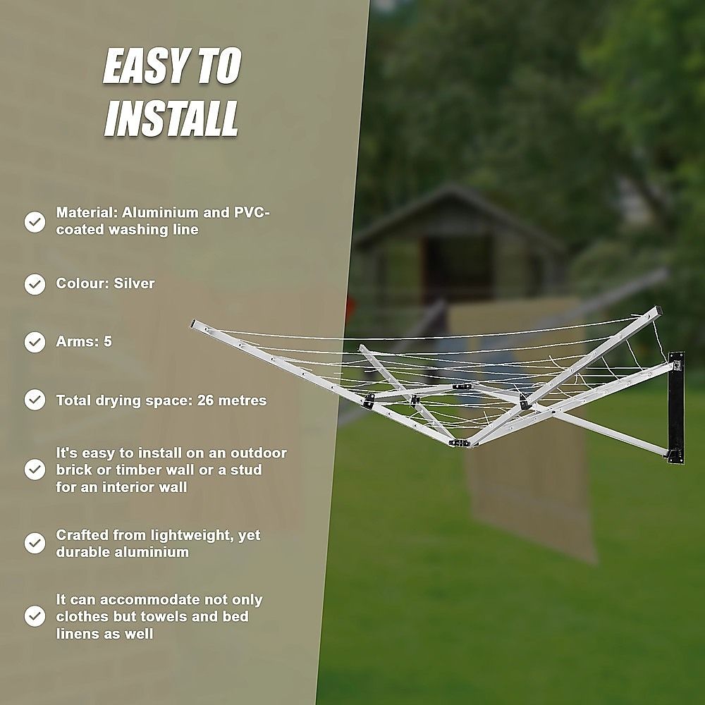 Wall Hang Clothes Airer Dryer 26m 5 Arm Mountable Washing Line for Bathroom & Kitchen