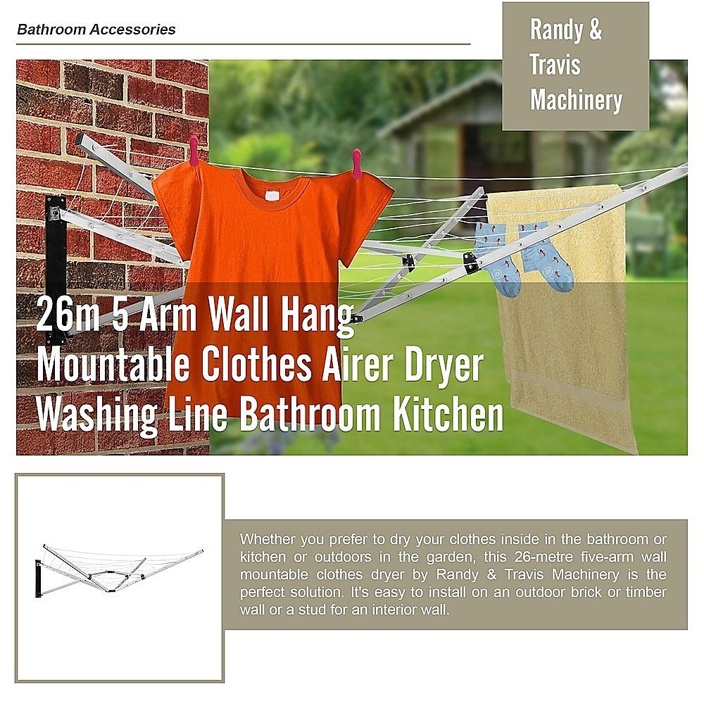 Wall Hang Clothes Airer Dryer 26m 5 Arm Mountable Washing Line for Bathroom & Kitchen