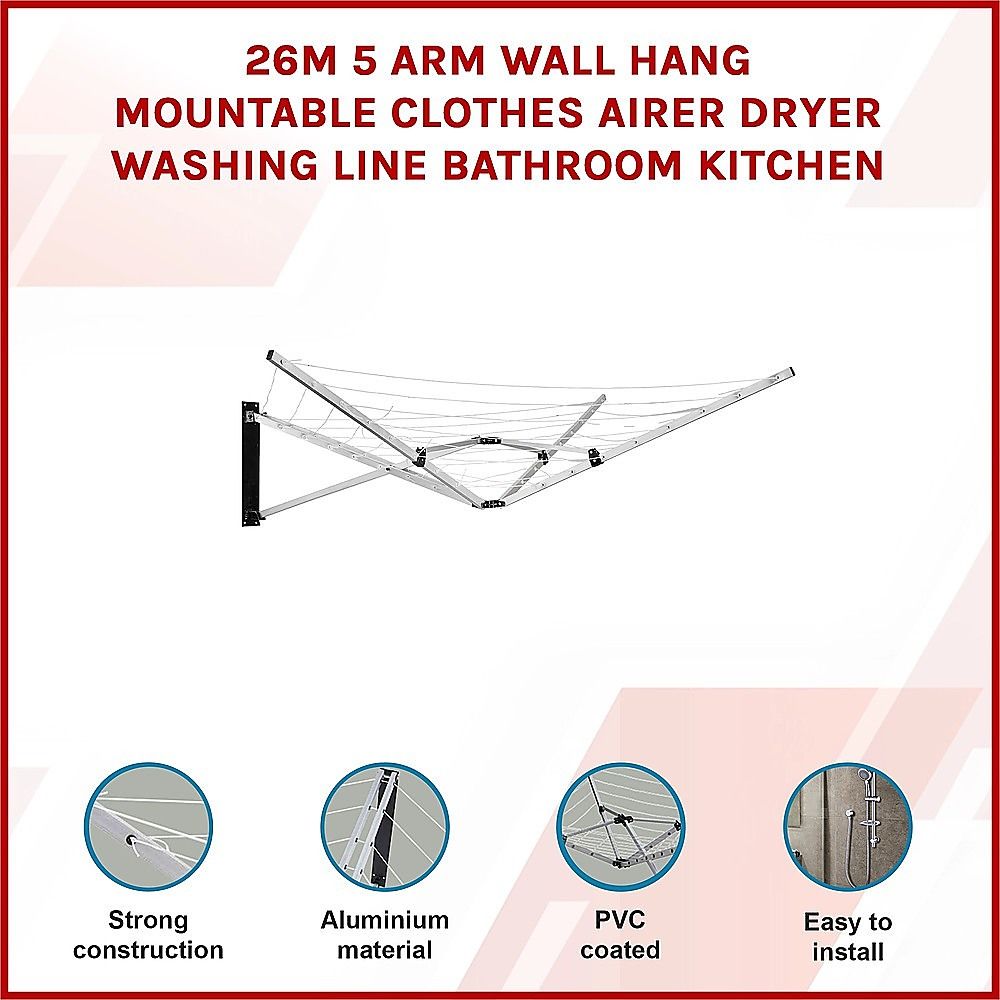 Wall Hang Clothes Airer Dryer 26m 5 Arm Mountable Washing Line for Bathroom & Kitchen
