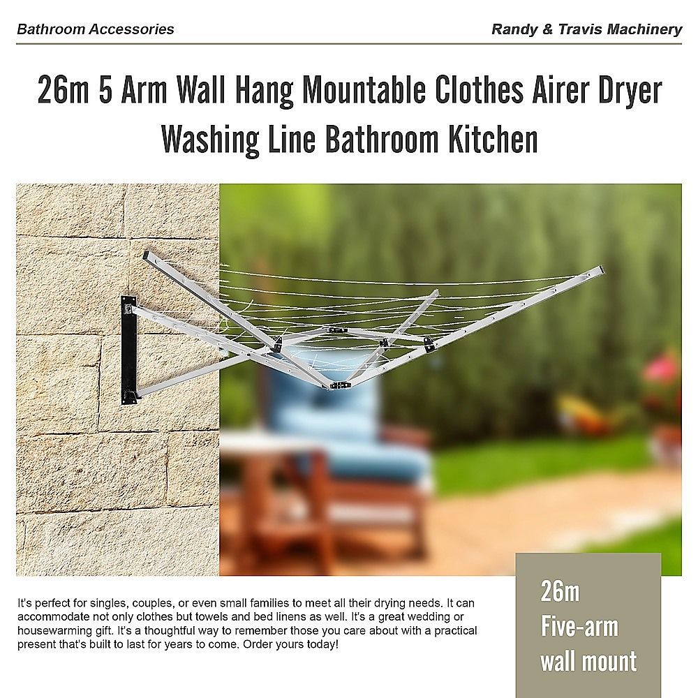 Wall Hang Clothes Airer Dryer 26m 5 Arm Mountable Washing Line for Bathroom & Kitchen