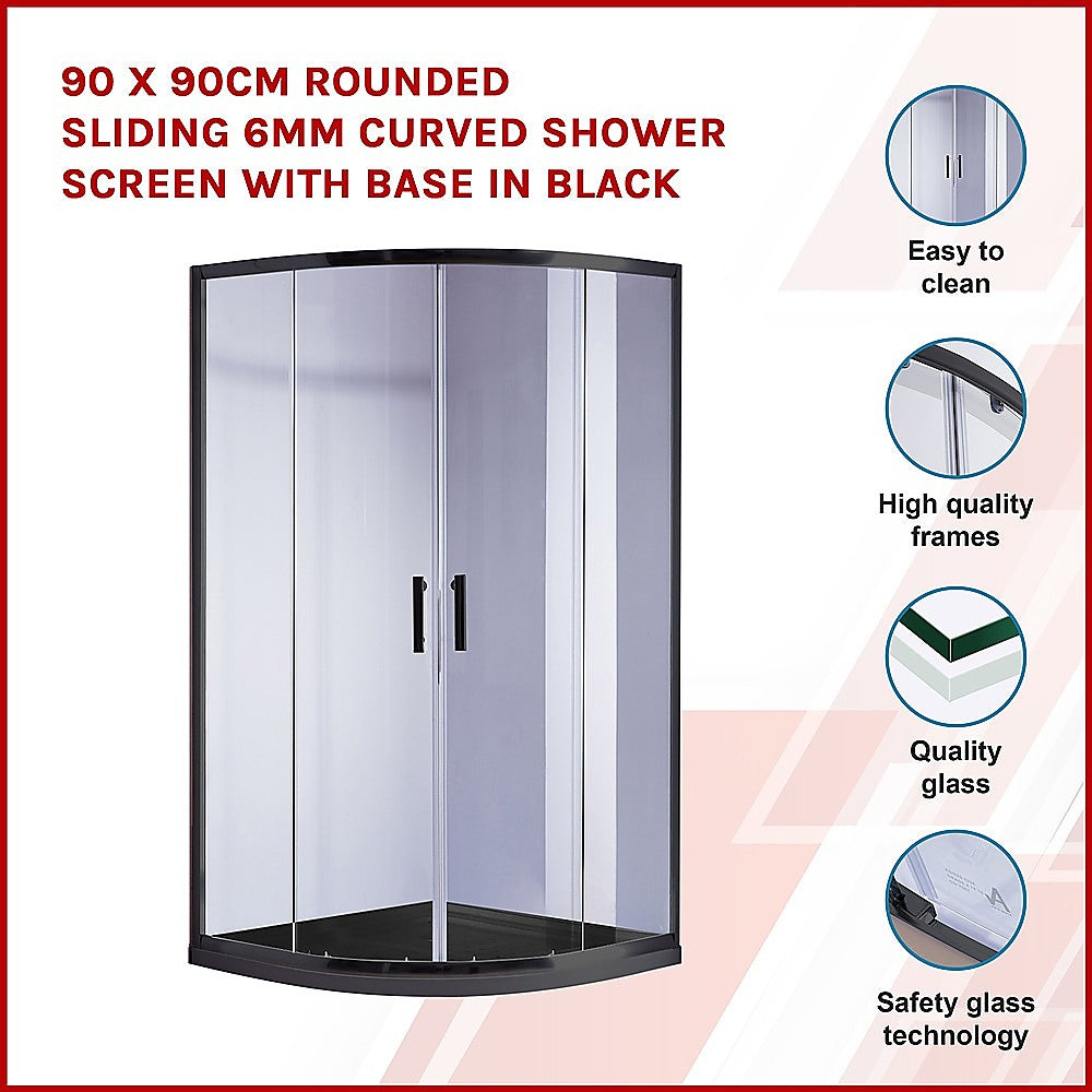 Shower Screen 90x90cm Rounded Sliding 6mm Curved with Base - Black