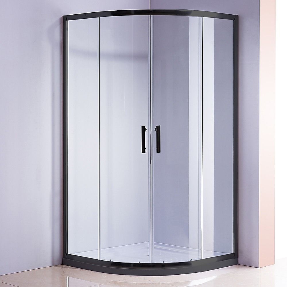 Sliding Curved Shower Screen 90 x 90cm Rounded 6mm with White Base - Black
