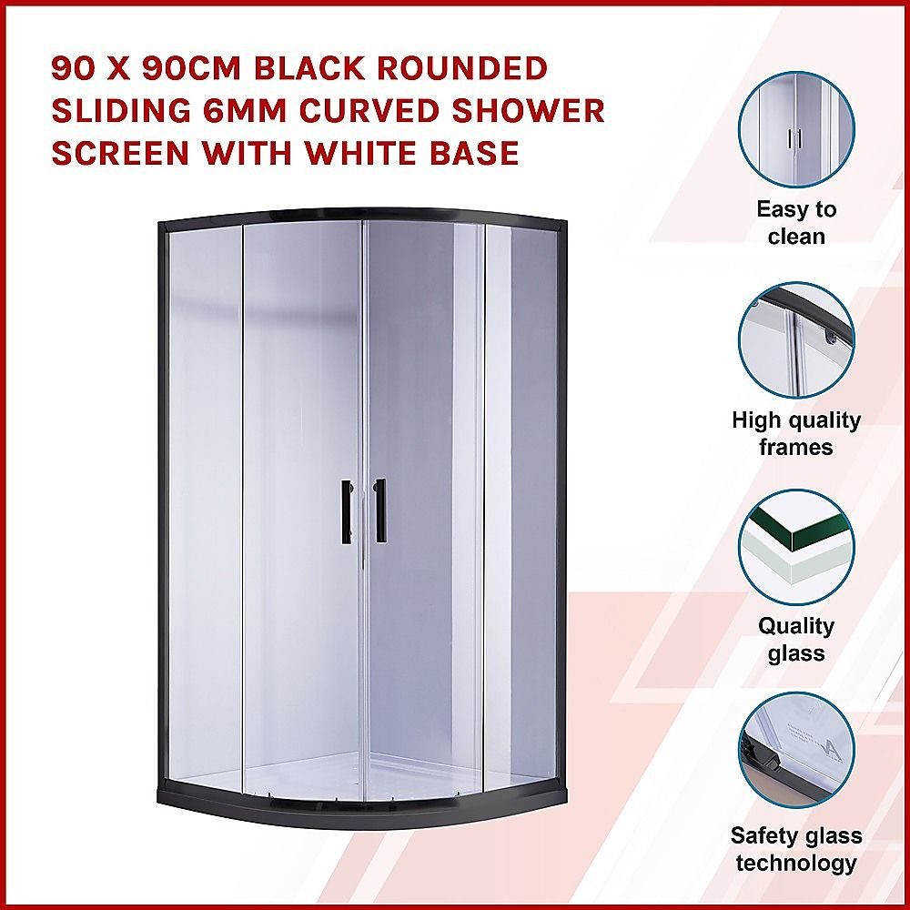 Sliding Curved Shower Screen 90 x 90cm Rounded 6mm with White Base - Black