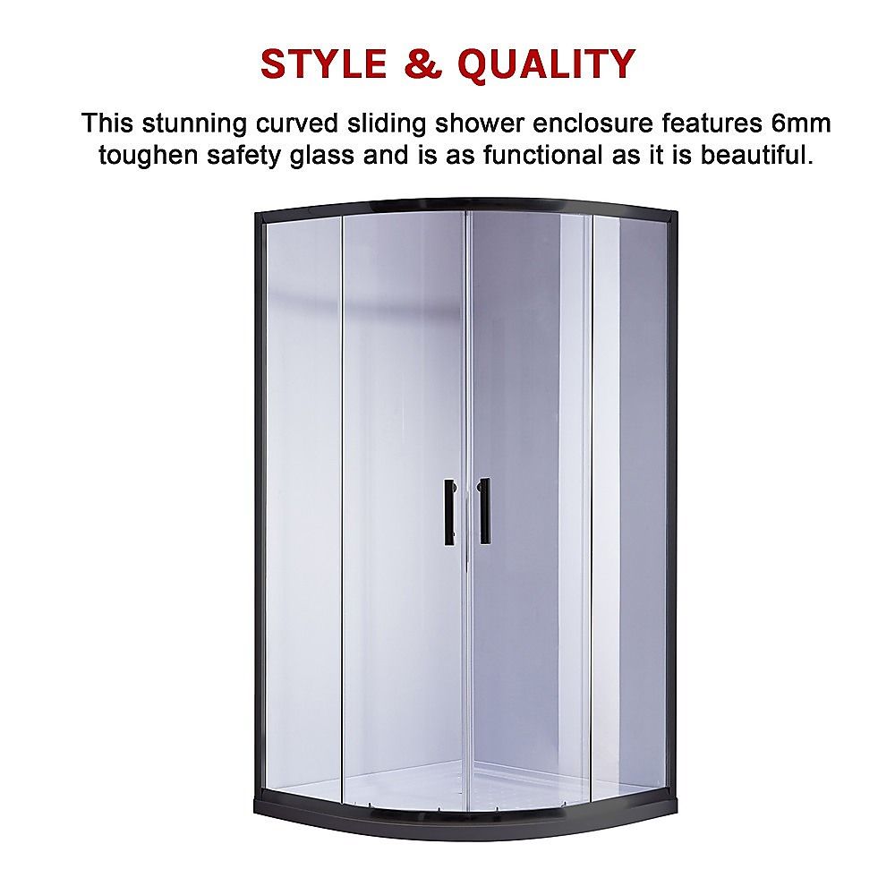 Sliding Curved Shower Screen 90 x 90cm Rounded 6mm with White Base - Black