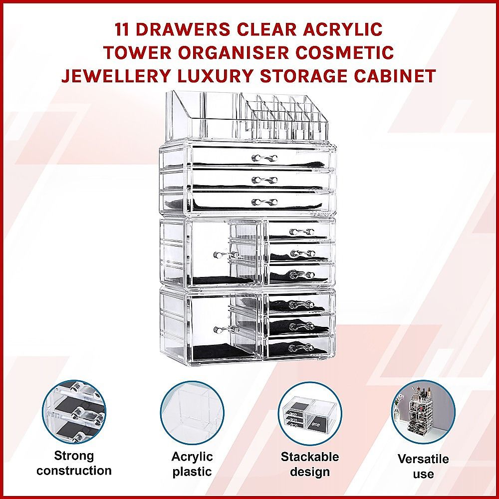 Cosmetic Organizer 11 Drawers Clear Acrylic Tower for Jewelry Luxury Storage Cabinet