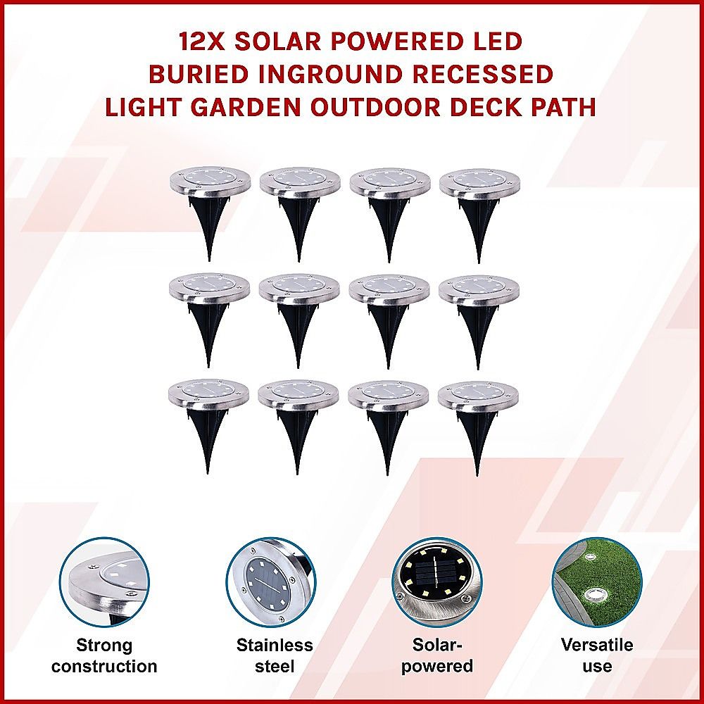 Solar Powered LED Inground Buried Recessed Lights 12x for Garden, Outdoor, Deck Path