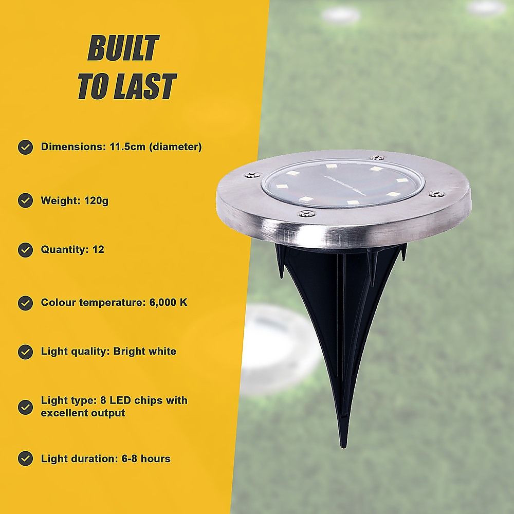 Solar Powered LED Inground Buried Recessed Lights 12x for Garden, Outdoor, Deck Path