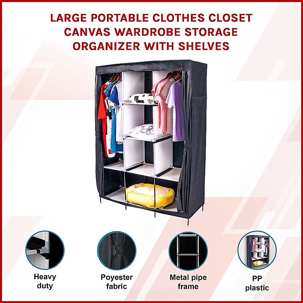 Portable Clothes Closet Large Canvas Wardrobe Storage Organizer with Shelves