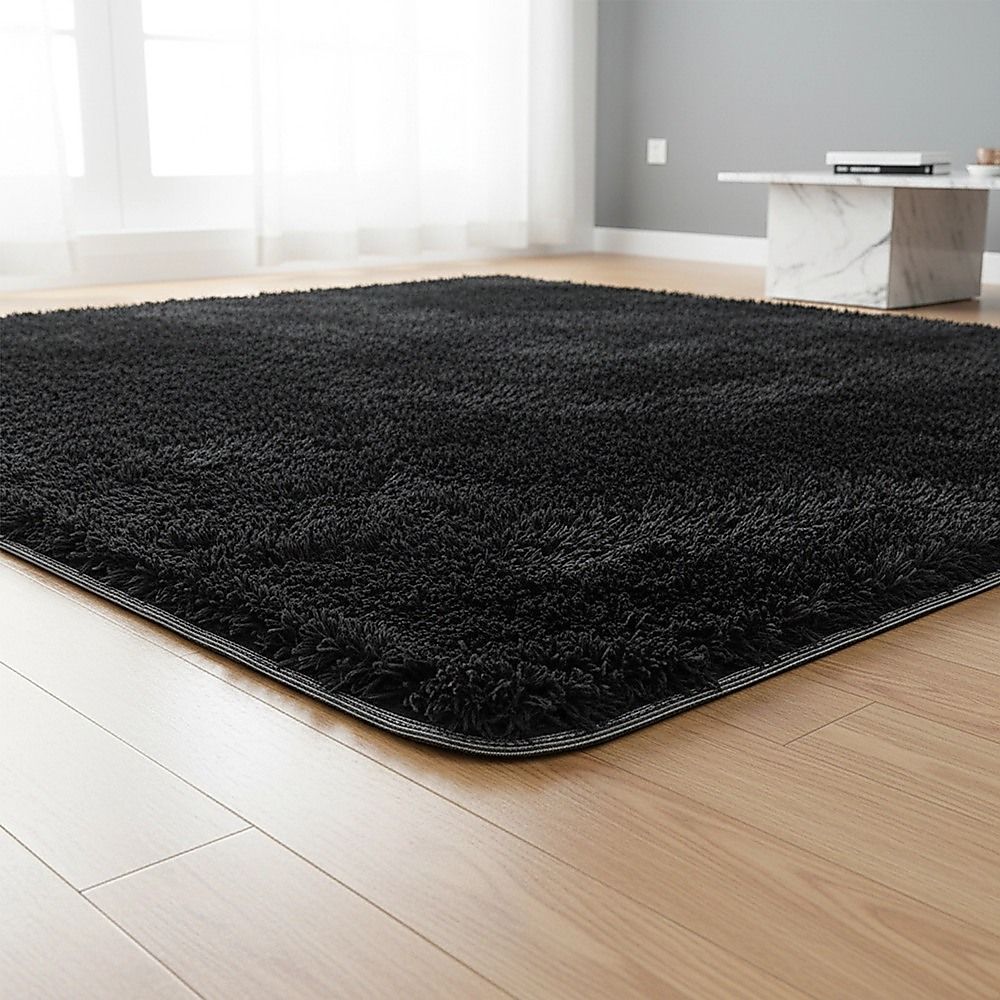Large Shaggy Floor Rug 200x140cm for Bedroom & Living Room - Black
