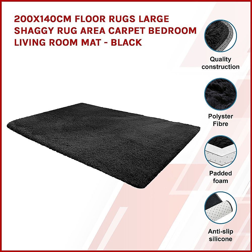 Large Shaggy Floor Rug 200x140cm for Bedroom & Living Room - Black