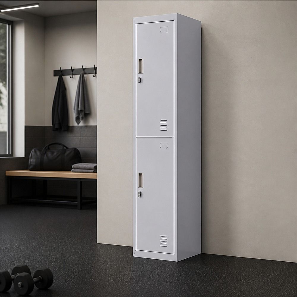 Padlock-Operated Lock 2-Door Vertical Locker for Office Gym Shed School Storage - Grey