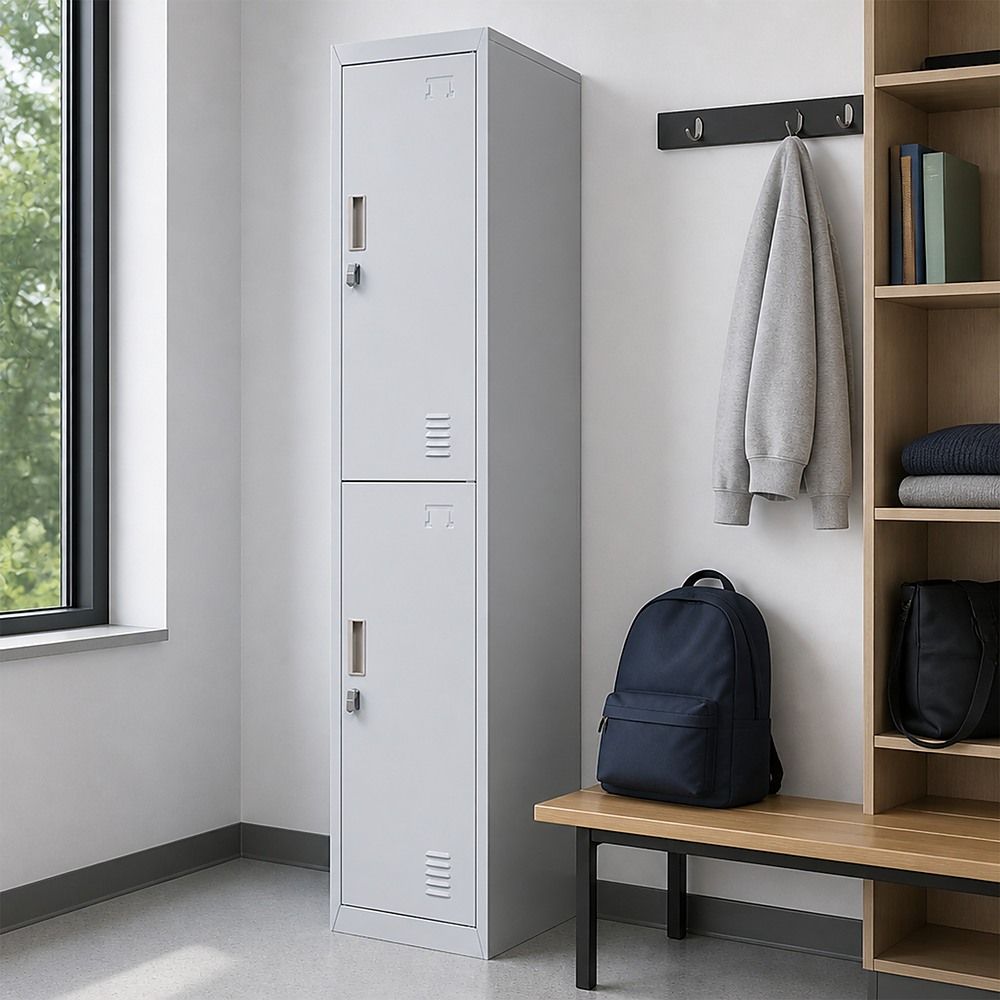 Padlock-Operated Lock 2-Door Vertical Locker for Office Gym Shed School Storage - Grey