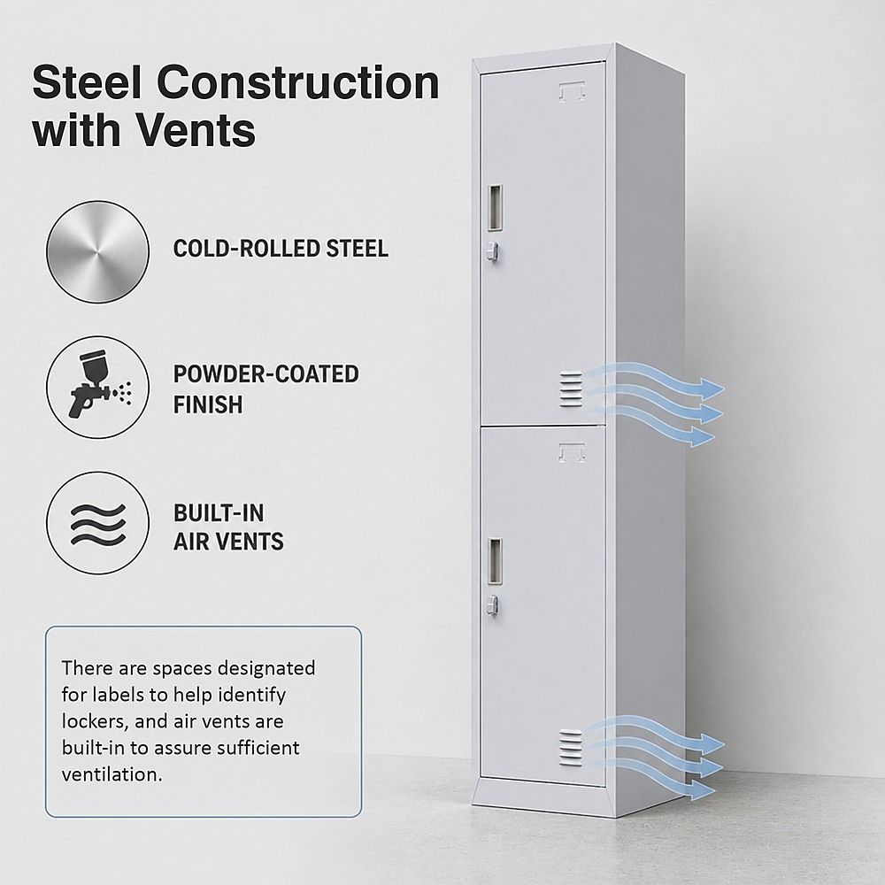 Padlock-Operated Lock 2-Door Vertical Locker for Office Gym Shed School Storage - Grey