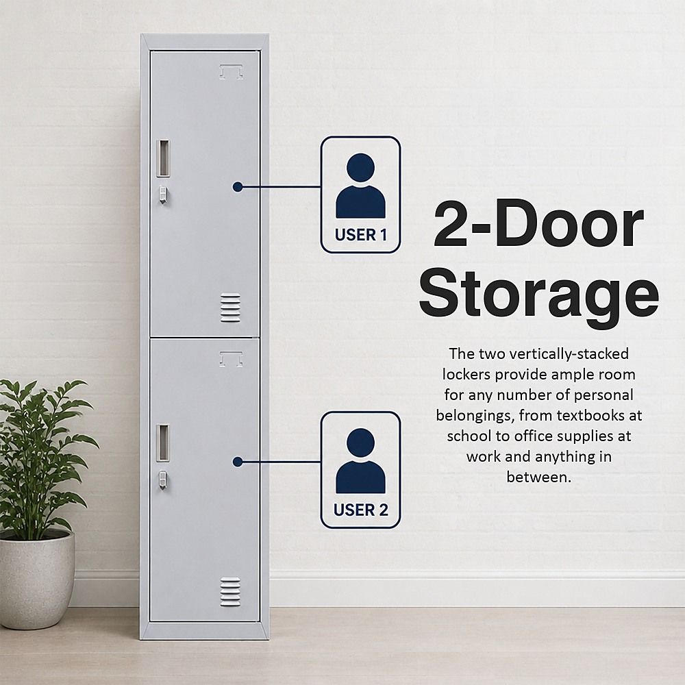Padlock-Operated Lock 2-Door Vertical Locker for Office Gym Shed School Storage - Grey