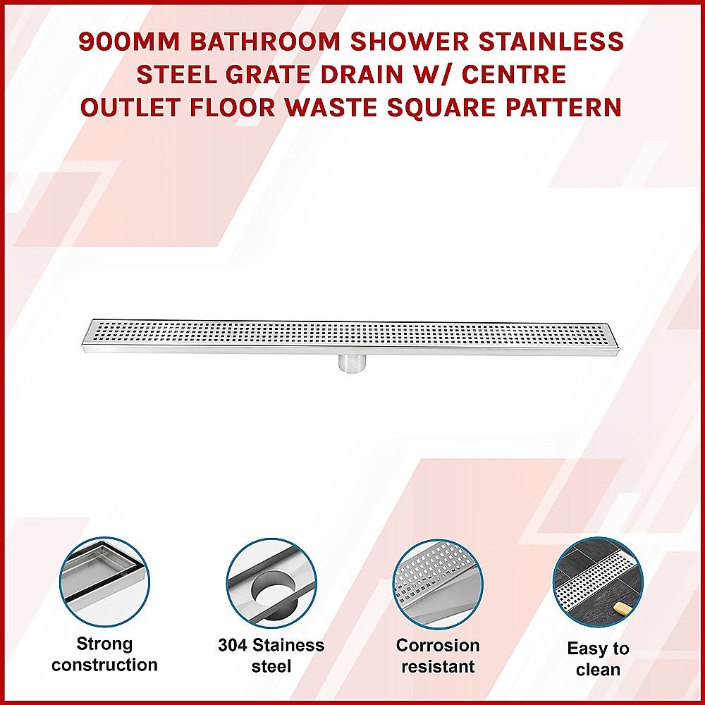 Bathroom Shower Grate Drain 900mm Stainless Steel with Center Outlet & Square Pattern