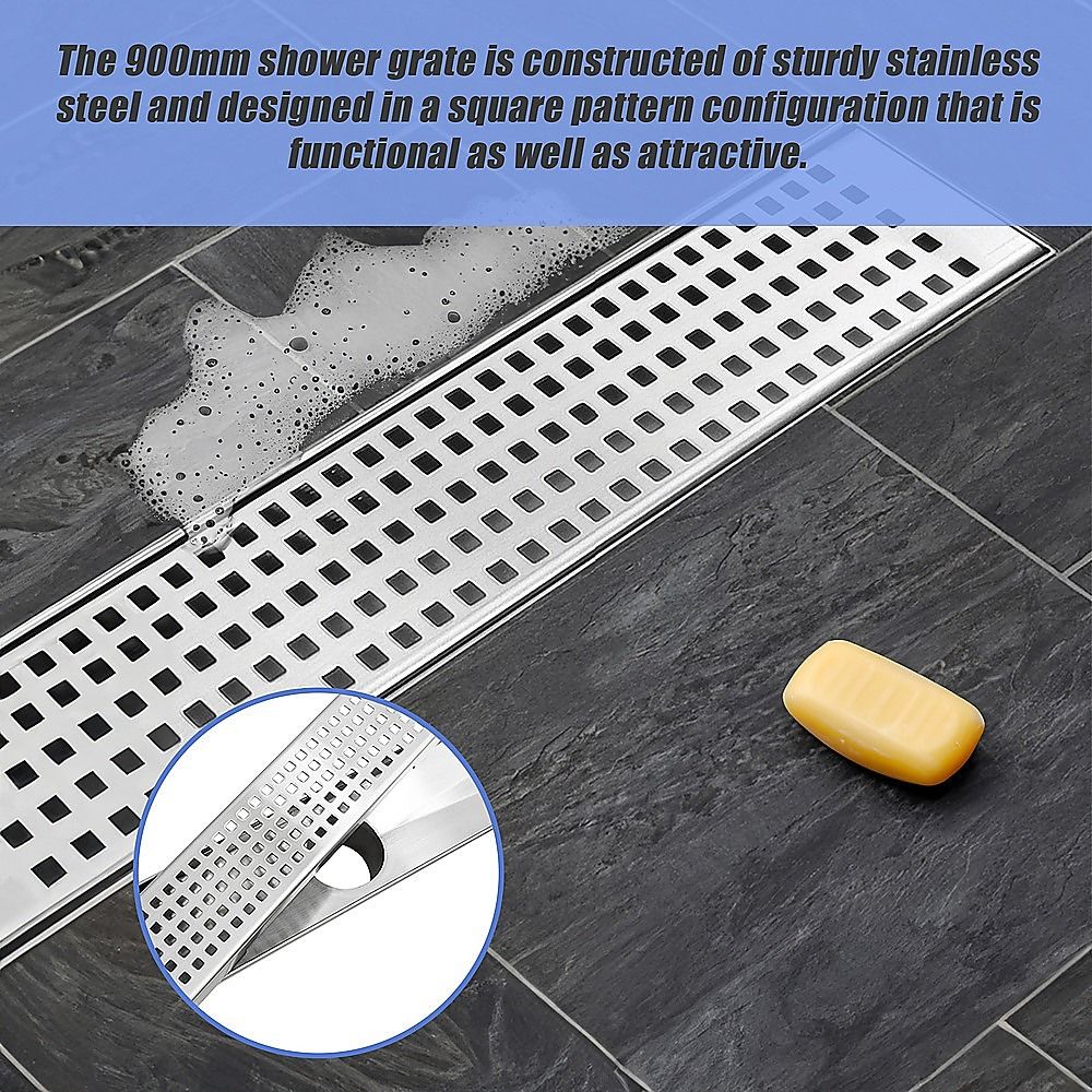 Bathroom Shower Grate Drain 900mm Stainless Steel with Center Outlet & Square Pattern
