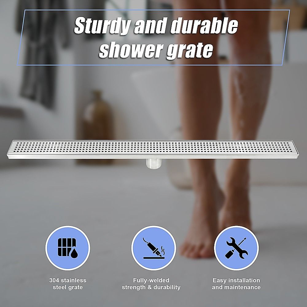 Bathroom Shower Grate Drain 900mm Stainless Steel with Center Outlet & Square Pattern