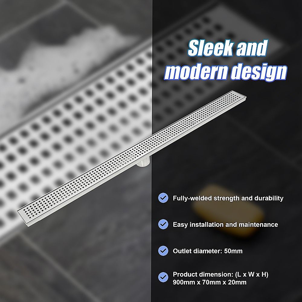 Bathroom Shower Grate Drain 900mm Stainless Steel with Center Outlet & Square Pattern