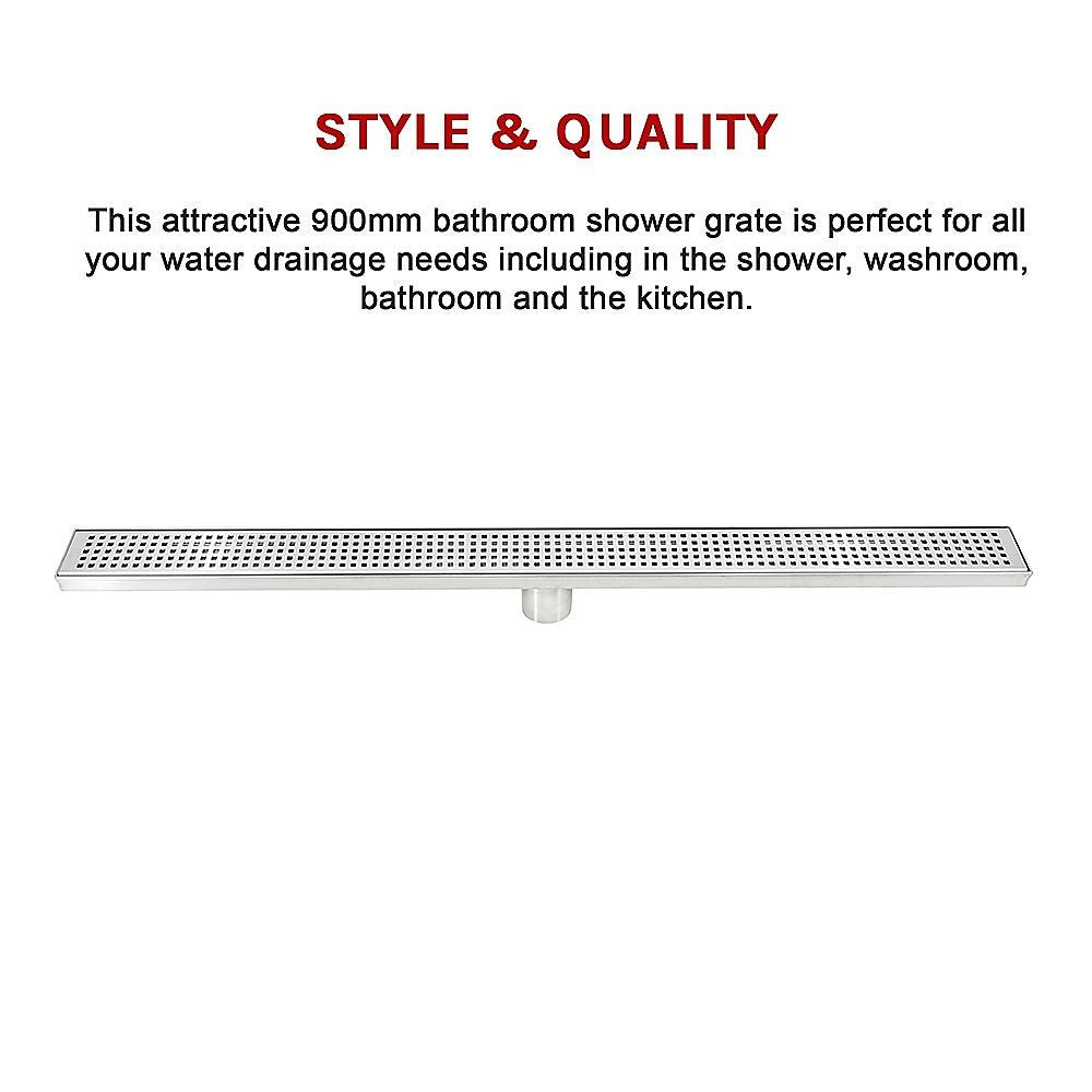 Bathroom Shower Grate Drain 900mm Stainless Steel with Center Outlet & Square Pattern