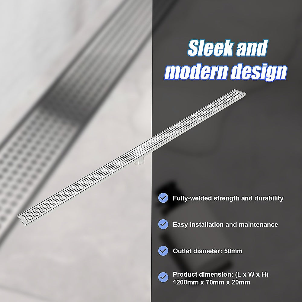 Bathroom Shower Stainless Steel Grate Drain 1200mm with Centre Outlet Floor Waste Square Pattern