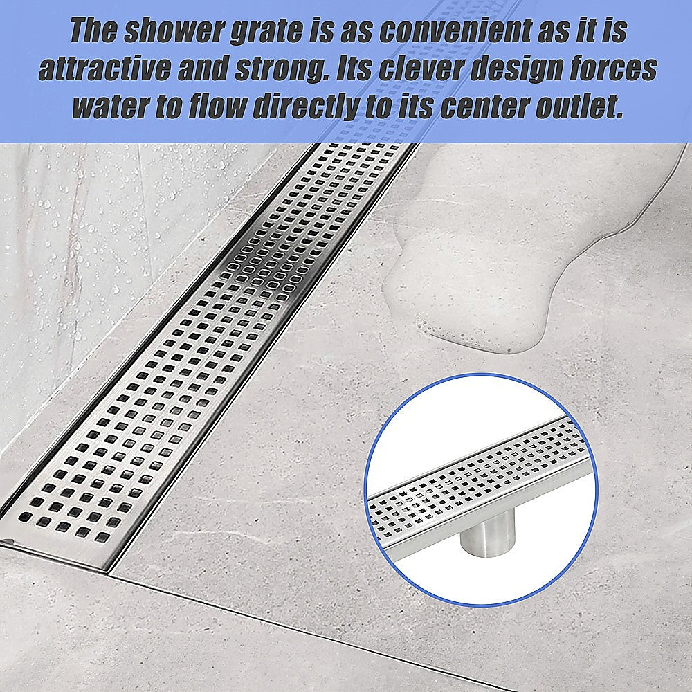 Bathroom Shower Stainless Steel Grate Drain 1200mm with Centre Outlet Floor Waste Square Pattern