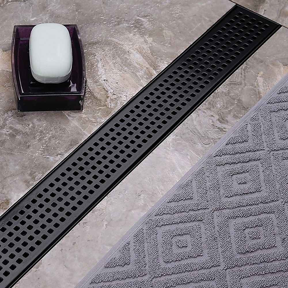 Bathroom Shower Black Grate Drain 900mm with Centre Outlet Floor Waste Square Pattern